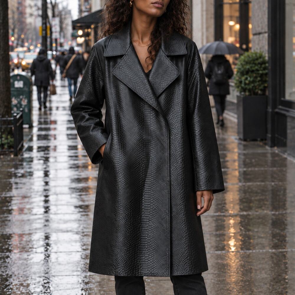 XD Xenia Design Black Croc Embossed Vast Trench Coat Size 6